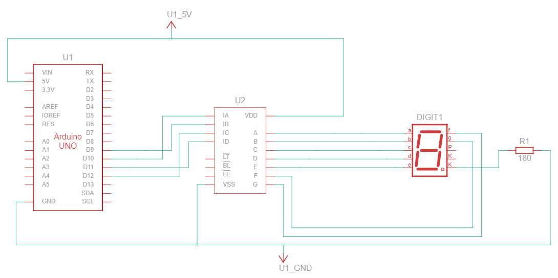 Circuito interno de conexión de puertos Arduino a decodificador y display de 7 segmentos