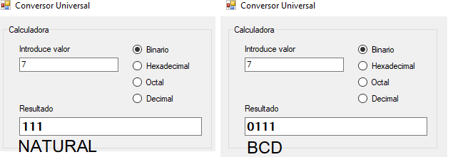 comparación de binario natural y codificación BCD