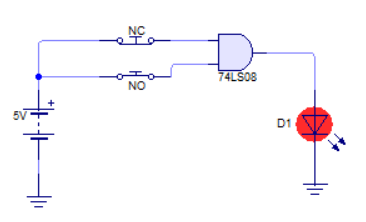 Circuito de producto lógico AND con puerta lógica 2 entradas tipo 74LS8 con salida alta