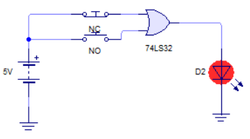 Circuito de suma lógica OR con puerta lógica 2 entradas tipo 74LS32 con salida alta