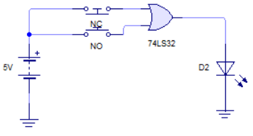 Circuito de suma lógica OR con puerta lógica 2 entradas tipo 74LS32 con salida baja