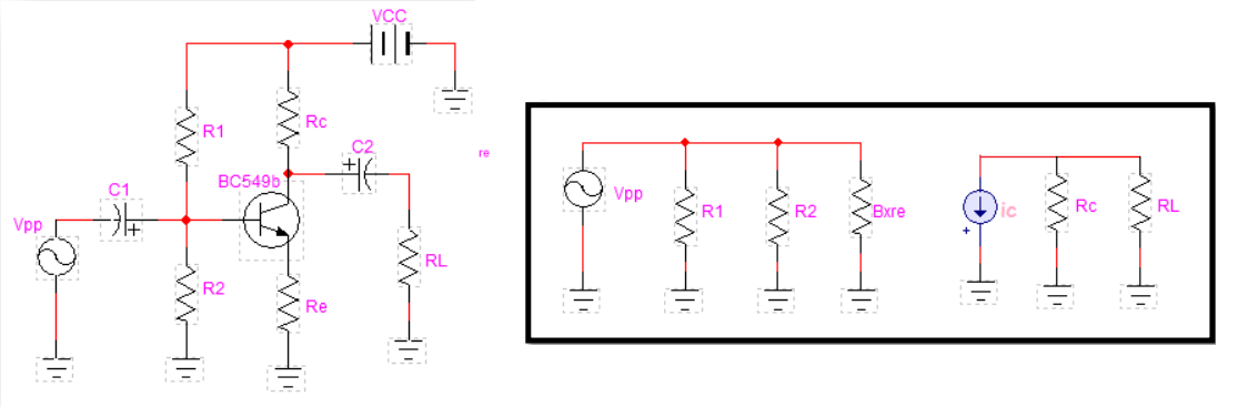 amplificador divisor de tensión y su equivalente de señal