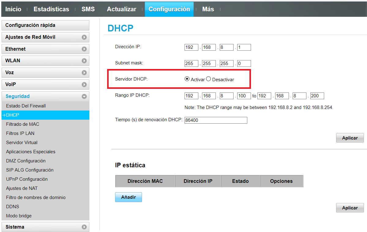 cambiar el valor de DHCP en el router