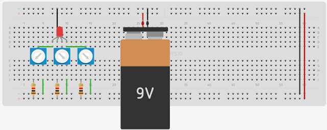 circuito con potenciómetros para controlar los colores RGB