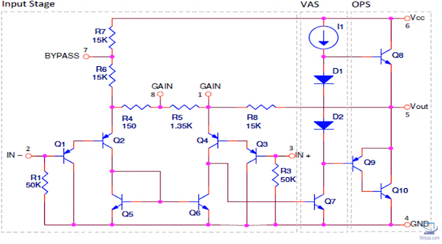 circuitería interna del amplificador LM386