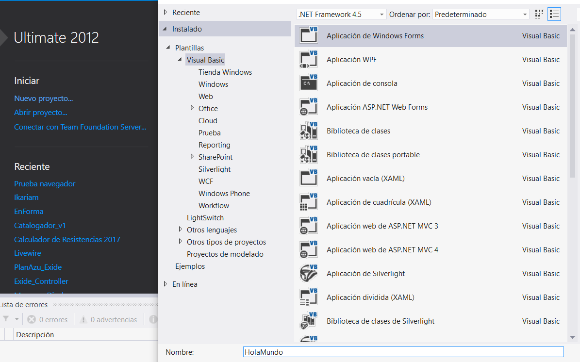 nuevo proyecto en visual Basic.NET