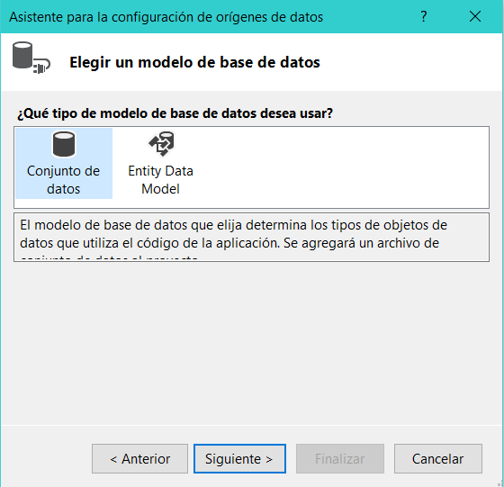 Asistente de orígenes de datos muestra la opción de escoger base completa