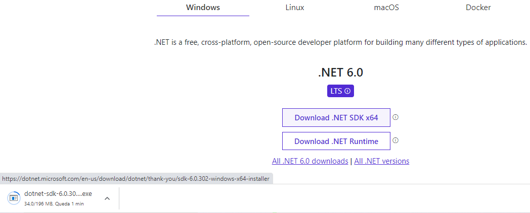 Descargar .net directamente desde dot.net