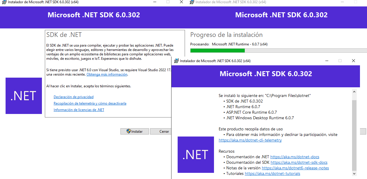 Instalación de las herramientas de .NET desde la aplicación de instalación de DOT.NET