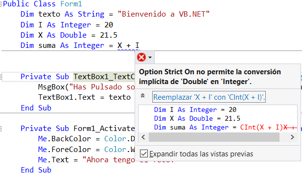 Option strict no permite usar otro tipo