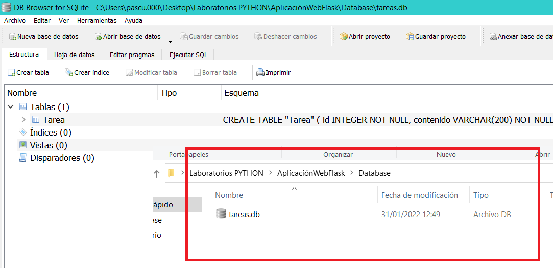 Base de datos tareas.db con la tabla Tareas