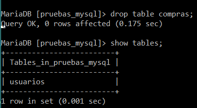 Eliminación de la tabla con DROP. También se pueden eliminar otros objetos