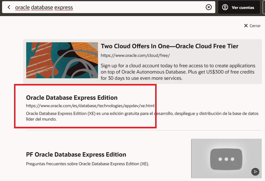 Oracle Database express descargar instalador