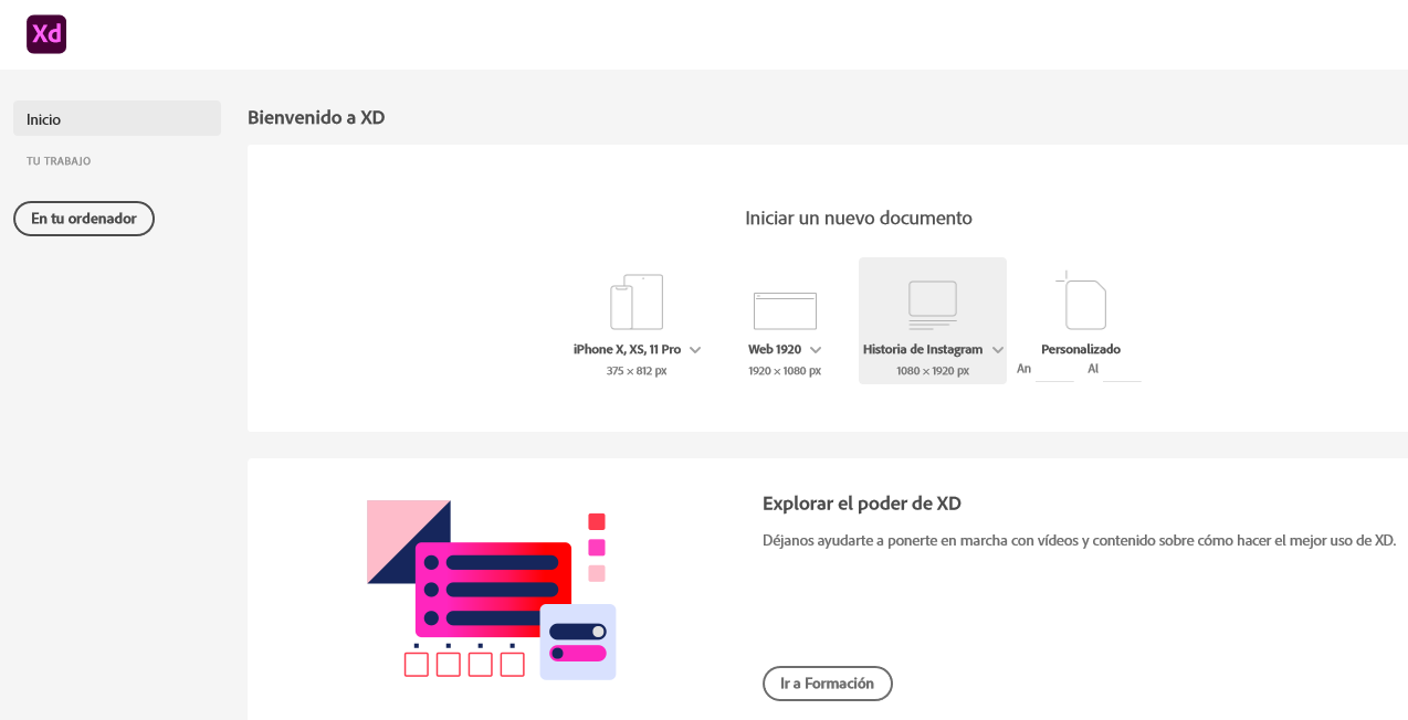 Entorno de trabajo del programa ADOBE XD