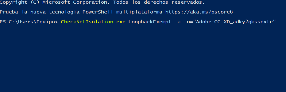 Introduce la instrucción para activa ADOBE CLOUD en XD