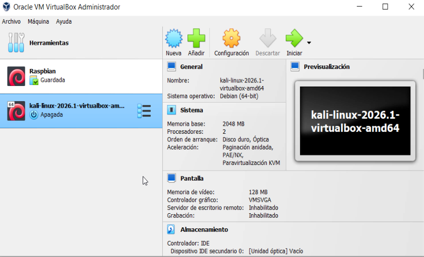 Maquina kali instalada en VirtualBox